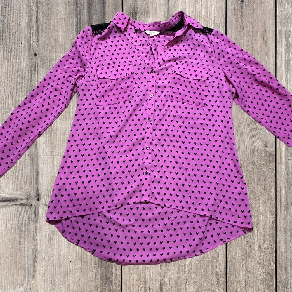 Candies Women's Purple Heart Print Button Front Chiffon Long Sleeve Blouse Large